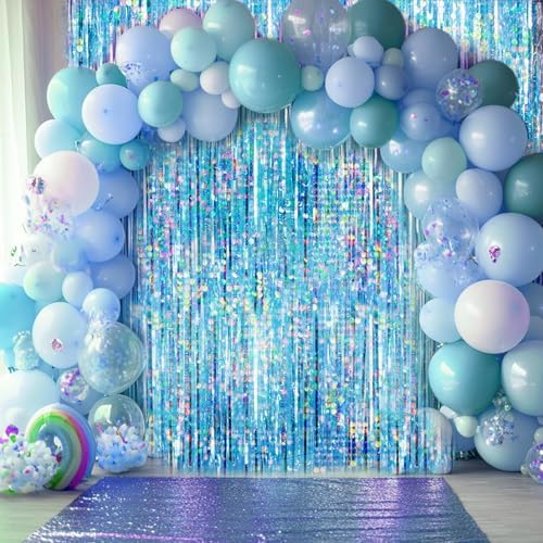 4 Packs Blue Foil Fringe Curtain, Light Blue Glitter Metallic Tinsel Backdrop for Birthday, Wedding, Baby Shower, Bachelorette, Ocean, Princess Party Decorations Supplies - Image 2