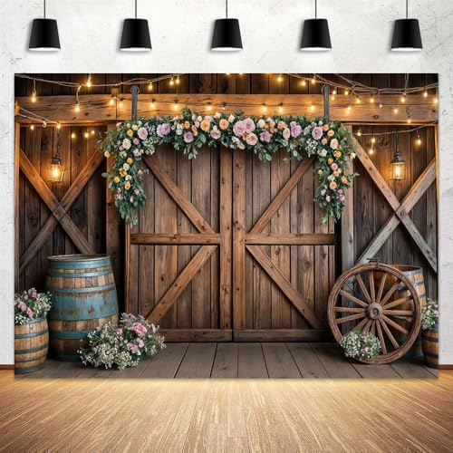 7x5ft Country Wedding Photography Backdrop Rustic Barn Door Photography Backdrop Farmhouse Pink Flower Cabin Wooden Birthday Baby Shower Wedding Bridal Party Banner Photo Booth Props Background - Image 2