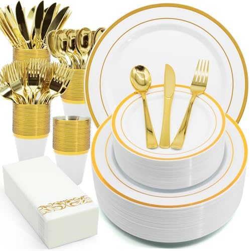 AIRE Gold White Plastic Plates Set, 350PCS Disposable Tableware for 50 by AIRE