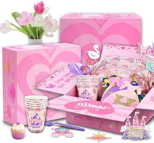 164 PCS Princess Birthday Party Decorations For Girl, 12 Tableware Sets, Castle Balloons, Balloon Arch, Disposable Paper Plates, Backdrop, Balloon Pump, Princess Party Decorations - Image 4