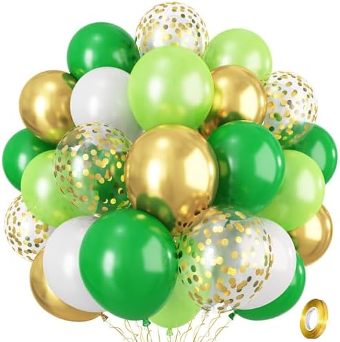 Green Gold Balloons Set, Dark Green Pearl Lime Green Metallic Gold White with Confetti Latex Balloons, Light Green Gold White Balloon for Jungle Dinosaur Birthday Baby Shower Wedding Party Decorations by Isndare