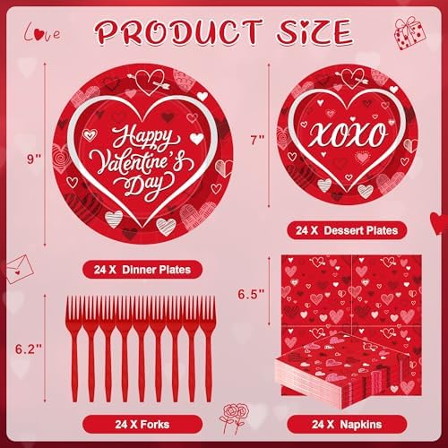 QZYL 24 Sets Valentines Plates and Napkins, Disposable Paper Round Valentine Party Supplies, 9" and 7" Red Valentines Plates Sets, Love Table Decorations Galentines Dinnerware for Romantic Festivals - Image 2