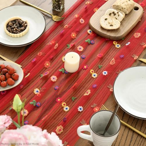 Artoid Mode Red Embroidery Daisy Gauze Table Runner 120 Inch 10FT - Image 5