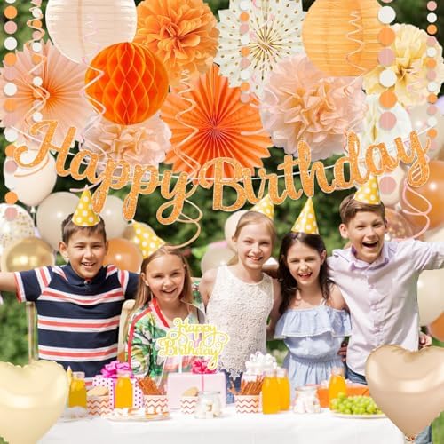 Orange-Peach Fall Boho Birthday Party Decorations - 62pcs Happy Birthday Banner, Beige Rustic Paper Lanterns, Streamers, Tissue Pom Poms, Burnt Orange Apricot Party Balloons, Fall Backdrop Decor - Image 2
