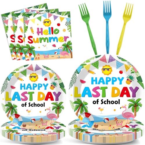 96 Pcs Happy Last Day of School Paper Party Plates and Napkins for Summer Tropical Beach Pool Supplies Summer End of School Year Dessert Tableware Set for 24 Guests Birthday Party Decorations by CHUNNIN