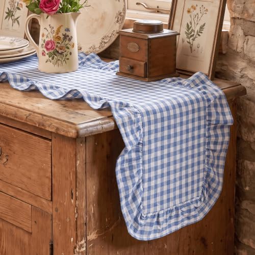 Artoid Mode Light Blue Farmhouse Plaid Gingham Ruffle Table Runner, Seasonal Scalloped Summer Kitchen Dining Table Decoration for Home Party Decor 13x120 Inch - Image 3