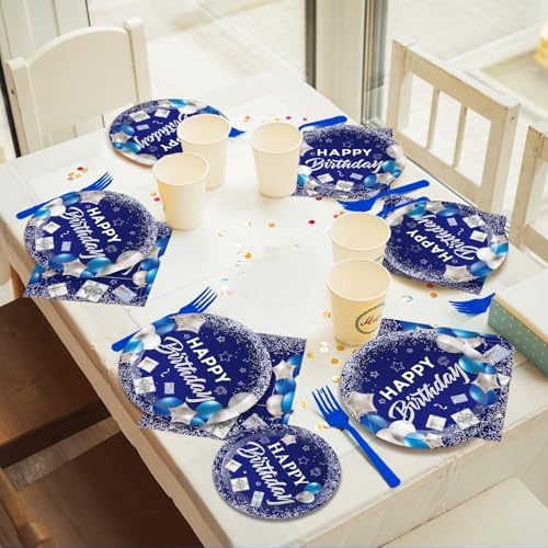 gisgfim 50 Guests Blue Birthday Party Supplies Navy Blue and Silver Plates and Napkins Plastic Forks Happy Birthday Tableware Paper Disposable Plates for Men Women Party 200PCS - Image 5