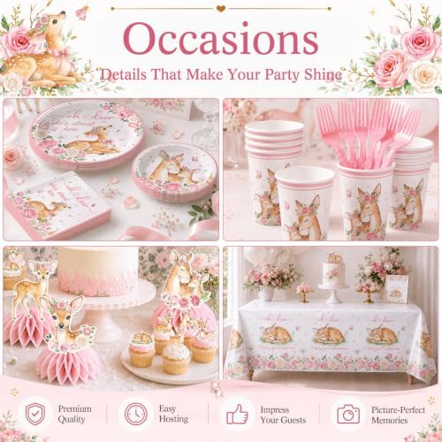 215 pcs Oh Deer Baby Shower Decorations for Girl Tableware Set, 25 Serves - Image 6