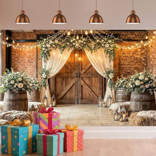 10x8Ft Country Wedding Backdrop Photography Rustic Roses Brick Stone Wall Backdrop Farmhouse Wooden Door Birthday Baby Shower Wedding Bridal Party Banner Photo Booth Props Anniversary Background - Image 3