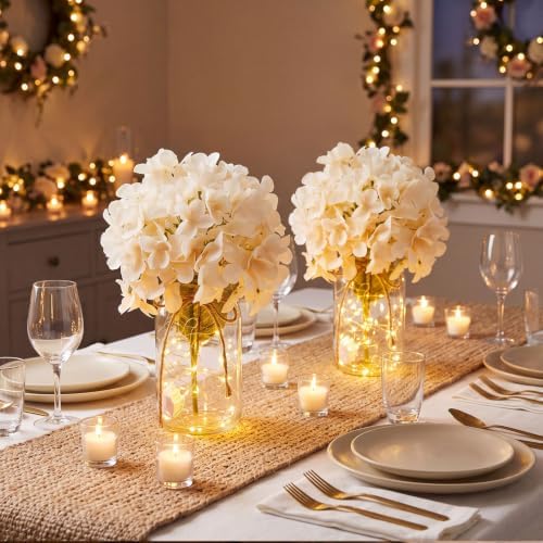 4 Sets Mason Jar Centerpiece with LED Lights and Champagne Hydrangea Fake Flowers Vase for Wedding Bridal Shower Party Coffee Table Decor - Image 4