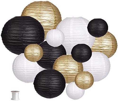 Round Hanging Paper Lanterns Black and Gold Party Decorations 15pcs by zilue