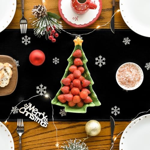 Artoid Mode Xmas Trees Snowflakes Black Merry Christmas Table Runner, Winter Seasonal Kitchen Dining Table Decoration for Home Party Decor 13x108 Inch - Image 4