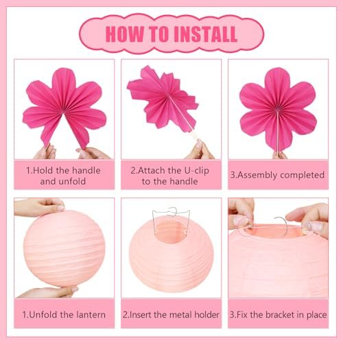 19 Pcs Pink Party Decorations, Light-Hot Pink Hanging Paper Lanterns, Paper Flowers Fans, Tissue Pom Poms, Floral Backdrop Wall Decor for Birthday Baby Showers Bridal Wedding Valentines Classroom - Image 3