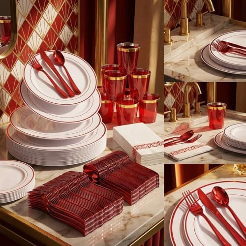 WELLIFE 700 Pcs Red Plastic Plates for 100 Guests - Plastic Dinnerware Set,Party Supplies Includes 200 Red Disposable Plates,300 Silverware,100 Napkins,100 Cups,Valentines Plates - Image 5