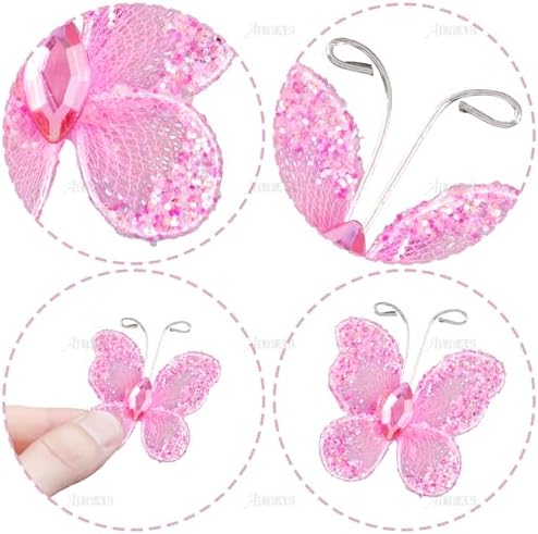 AUEAR, 100 Pack Sheer Mesh Wire Glitter Butterfly Decoration with Gem for Wedding Home Party Wall Decorations (Pink) - Image 3