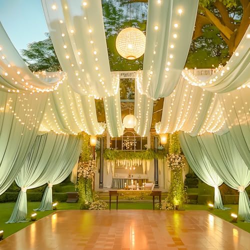 Sage Green Ceiling Drapes with Lights String for Weddings, 6 Panels 5ftx10ft Sheer Tulle Backdrop Photo Background Drapes for Wedding Ceremony Birthday Party Arch Decoration - Image 6