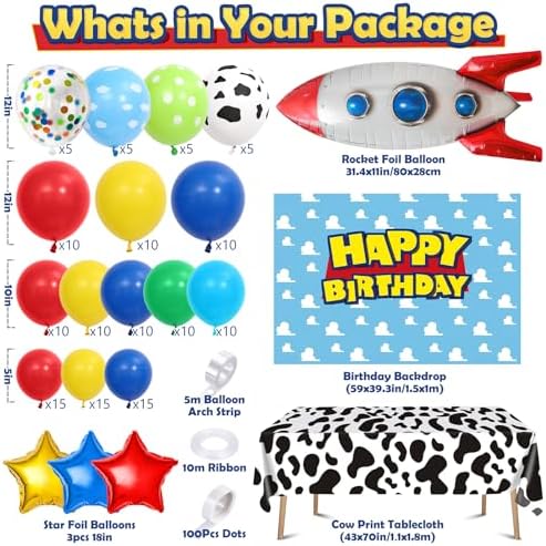 Winrayk 154Pcs Toy Inspired Story Birthday Party Decorations Supplies for Kids Teen, Balloon Arch with Backdrop Tablecloth Cow Print Balloons Star Rocket, Cartoon Game Girls Boys Birthday Party Decor - Image 2