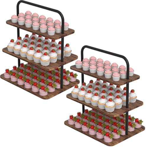 VyGrow Cupcake Stand, 3-Tier Dessert Stand for 52 Cupcakes, Wood & Metal Tower Display Premium Holder Dessert Tree Tower for Christmas Birthday Weddings Party Decor, Serving Tray, Wood Brown, 2-pack by VyGrow