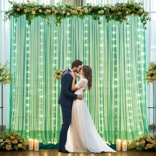 Hunter Green Tulle Backdrop Curtains with Lights String for Parites 10x8ft Sheer Backdrop Curtains Drapes for Birthday Party Bridal Shower Baby Shower Photo Booth Background Decorations - Image 6