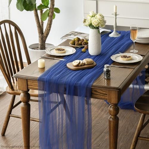 Artoid Mode 3PCS Navy Blue Gauze Table Runner 120 Inch 10FT, Seasonal Sheer Kitchen Dining Holiday Wedding Birthday Baby Shower Table Decor for Home Party - Image 5