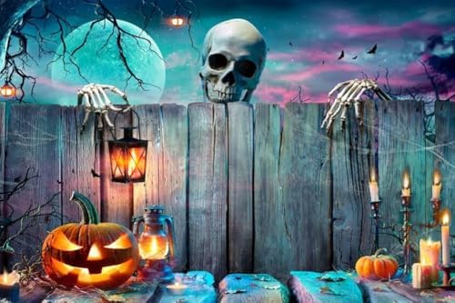 Renaiss 7x5ft Halloween Backdrop Skeleton Pumpkin Lantern Wooden Spooky Night Party Photography Background Ghost Wood Wall Halloween Party Decor Banner Horror Skull Halloween Photo Booth Props by Renaiss