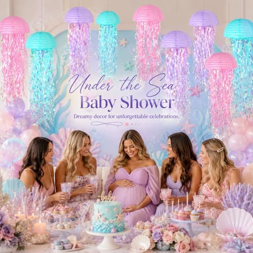 6-Pack Jellyfish Paper Lanterns, Mermaid Birthday Party Decorations - Image 4