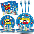 96Pcs Happy Fathers Day Paper Plates and Napkins Super Dad Party Decorations Super Theme Dessert Plates Hero Cityscape Birthday Tableware for 24 Guests Papa Grandpa Best Dad Daddy Men Party Supplies by CHUNNIN