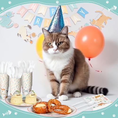 Qinyoung 176 Pcs Cat Birthday Party Supplies Disposable Tableware Set Serves 25 Cute Kitten Themed Paper Plates Napkins Cups Cutlery with Banner for Birthday Decorations - Image 6