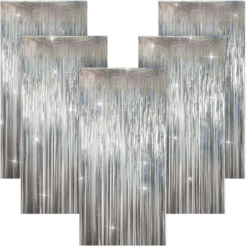 5 Pack 3.28ft x 6.56ft Glitter Silver Tinsel Foil Fringe Curtains, Photo Booth Backdrop Party Decorations for Birthday Wedding Engagement Baby Shower Graduation Bachelorette New Years by Unknown