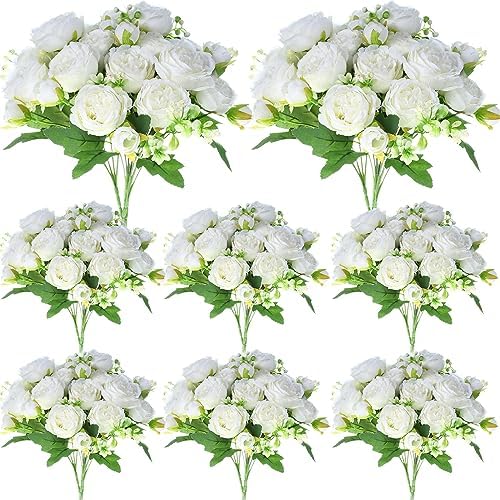 Geosar 8 Bundles Artificial Peonies Flowers,White by Geosar