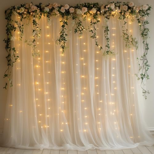 Ivory Tulle Backdrop Curtain with Lights for Decor, 10x10FT by Unknown