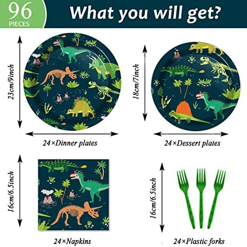 Tevxj 96PCS Dinosaur Tableware Set Fossil Dinosaur World Dinnerware Disposable Plates Dinosaur Theme Party Plates Napkins Forks for Dino Birthday Shower Party Decorations Supplies 24 guests - Image 2