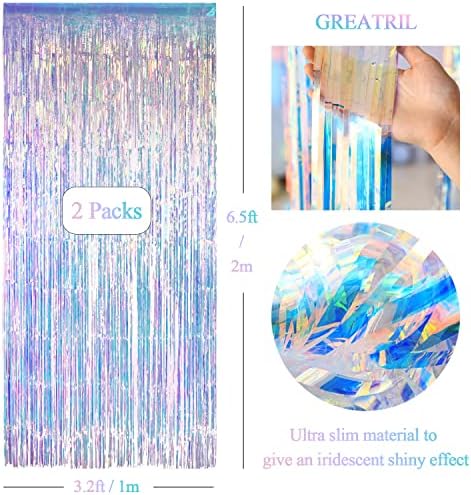Iridescent Party Streamers Backdrop - GREATRIL Neon Transparent Holographic Tinsel Foil Fringe Curtain for Mermaid/Frozen/Sea/Euphoria/ERAS Party Theme Decorations 3.2ft x 6.5ft 2 PCS - Image 4