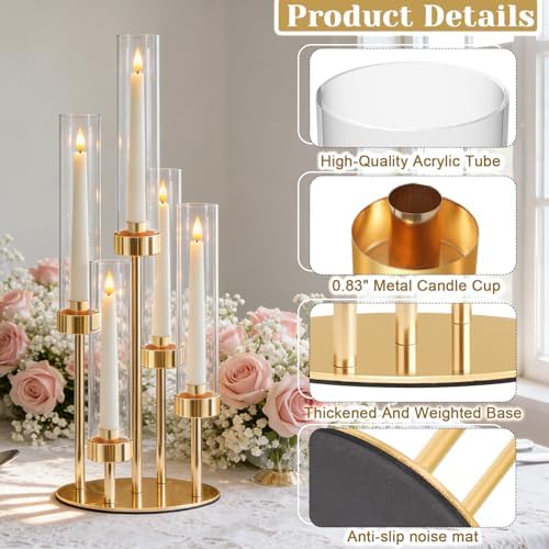 5-Arm Black Metal Table Candelabra Centerpiece, 22" Tall Clear Candlesticks Holder with Shade for Valentines Day Events Party Table Centerpiece,Fit LED Candles (4, Gold, S-22in) - Image 3