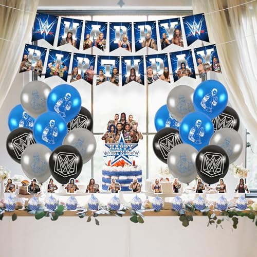 Wrestling Birthday Decorations, Wrestling Party Supply include Happy Birthday Banner, Cake Topper, Cupcake Toppers, Balloons for Kids Adults Party Decorations (Blue) - Image 7