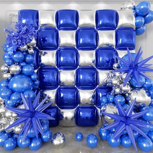 50pcs Navy Blue and Silver Square Foil Balloons Wall Backdrop with 147pcs Dark Blue and Silver Balloon Garland Arch Kit, Double Sided Balloon Tunnel for Birthday Graduation Party Decorations - Image 4