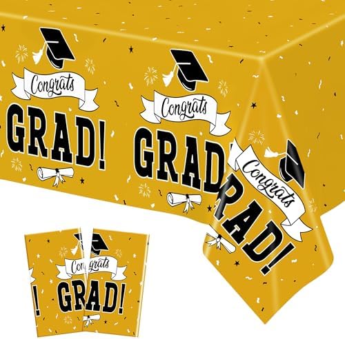 2Pcs 2026 Graduation Table Decorations, 108" X 54" Yellow Plastic Graduation Tablecover, Disposable Tablecover for Class 2026 Congrats Grad, Rectangle Tablecloth for Grad Decor Party Supplies for kids by QZYL