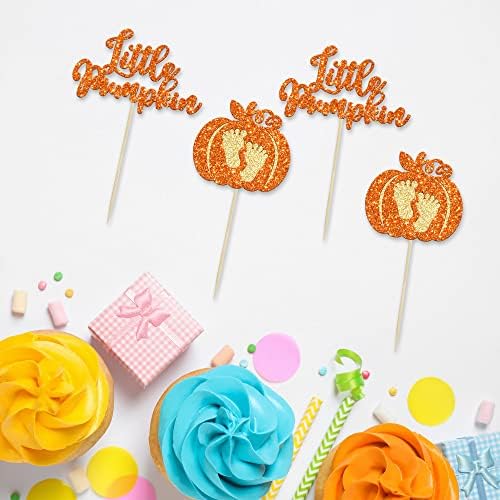 24pc Little Pumpkin Cupcake Toppers - Glitter Pumpkin Cupcake Picks - Baby Shower Decorations - Fall Harvest Theme - Kids Birthday Party Supplies - Image 3
