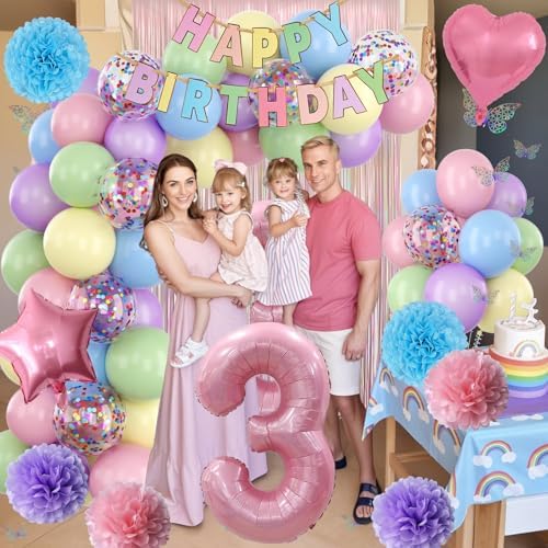 Pastel 3rd Birthday Colorful Party Decorations Girls Pink Number 3 Balloon - Image 6