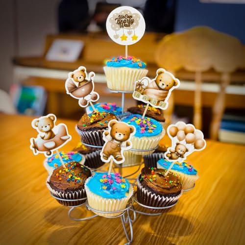 Gyufise 36Pcs Bear Cupcake Toppers Bear Cupcake Picks Baby Carriage Bottle Balloon We can Bearly Wait Cake Decorations for Baby Shower Gender Reveal Kids Birthday Party Supplies Coffee - Image 7