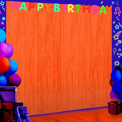 6 Pack 3.3Ft x 6.6Ft Orange Glow in The Dark Foil Fringe Curtain Backdrop Party Supplies, Fluorescent Macaron Metallic Tinsel Foil Streamers Curtain Photo Booth for Neon Birthday Party Decorations by Zachely