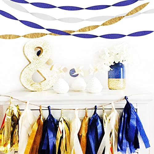 Navy-Blue White-Gold Crepe Paper Streamers - 9 Rolls Royal Blue Graduation 2026 Men Boy Birthday Party Decorations Streamer Wedding Bridal Shower Paper Garland Fathers Day Decor Panduola - Image 5
