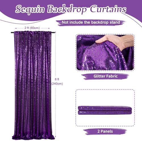 Purple Sequin Backdrop 2 Pieces 2ftx8ft Wedding Glitter Curtain Backdrop Arch Fabric Drapes for Baby Shower Birthday Party Decoration - Image 2