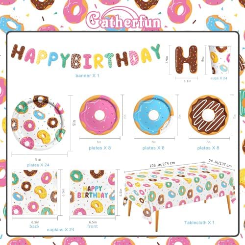 Donut Party Supplies Kit for 24 - Sweet 1st Birthday, Two Sweet and Donut Grow Up Birthday Themes | Includes Plates, Napkins, Cups, Tablecloth & Banner for Donut Party Decorations & Favors - Image 2