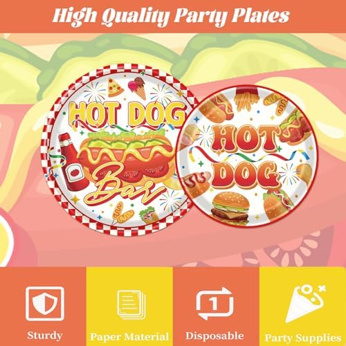 Hot Dog Party Decorations - 96 Pcs Hot Dog Birthday Plates Napkins Forks Tableware Set, Fast Food Hotdog Dinnerware Set for Adults Kids Picnic Sausage BBQ Serves 24 - Image 4