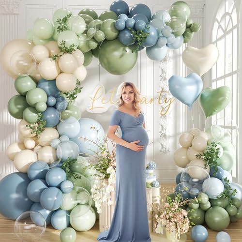 Dusty Blue Sage Green Balloon Arch Kit, 140Pcs Fog Blue and Light Blue Green Sand White Balloons Different Size with Heart Foil Balloon for Baby Shower Bridal Anniversary Birthday Party Decorations - Image 4