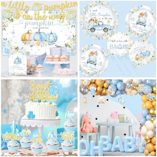 249pcs Little Pumpkin Baby Shower Decorations for Boy,A Sweet Little Pumpkin is On the Way Baby Shower,Blue Pumpkin Floral Balloons Plates Boxes Tablecloth for Fall Thanksgiving Autumn Party Decor - Image 3