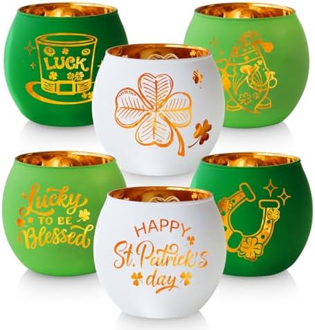 SHMILMH St. Patrick's Day Candle Holders 6PCS St Patricks Day Shamrocks Decorations for Table Centerpiece, Glass Votive Tealight Holders for Home Decor Party Decorations by SHMILMH