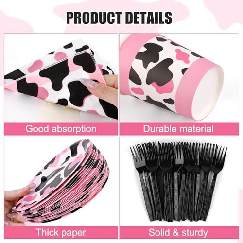 Kochorie 144 Pieces Pink Cow Print Party Tableware Sets Including Disposable Plates Napkins Cups Forks Serves 24 for Cow Theme Farm Animal Party Supplies - Image 3