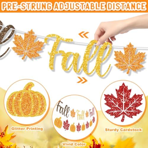 Fall Party Decorations Set Pre-Strung Fall Banner Glitter Autumn Garland Wall Decor Thanksgiving Harvest Pumpkin Maple Leaves Hanging Swirls Maple Leaves Strings for Office Classroom Home Indoor Decor - Image 3